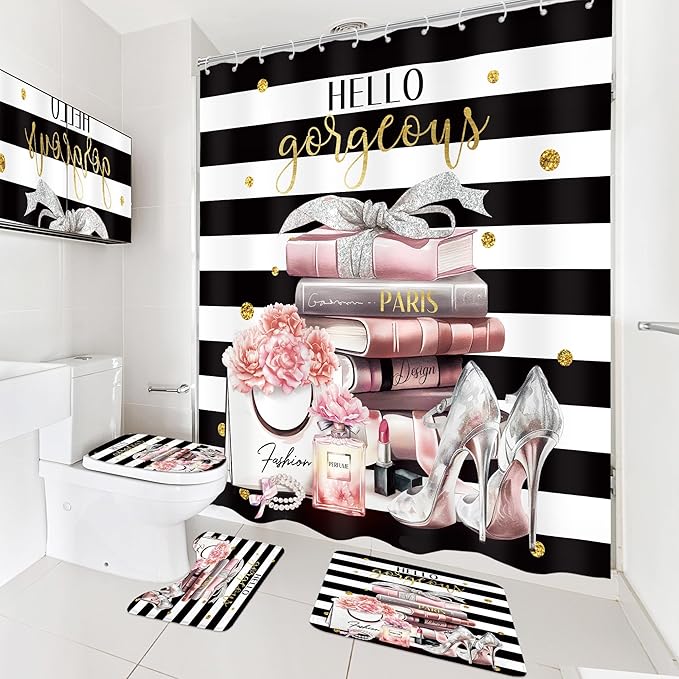 Cinbloo 4Pcs Pink Black Girls Bathroom Sets with Shower Curtain and Rugs, Fashion Flower Perfume Toilet Lid Cover, Bath Mat, Women Girly White Striped High Heels Books Shower Curtain with 12 Hooks