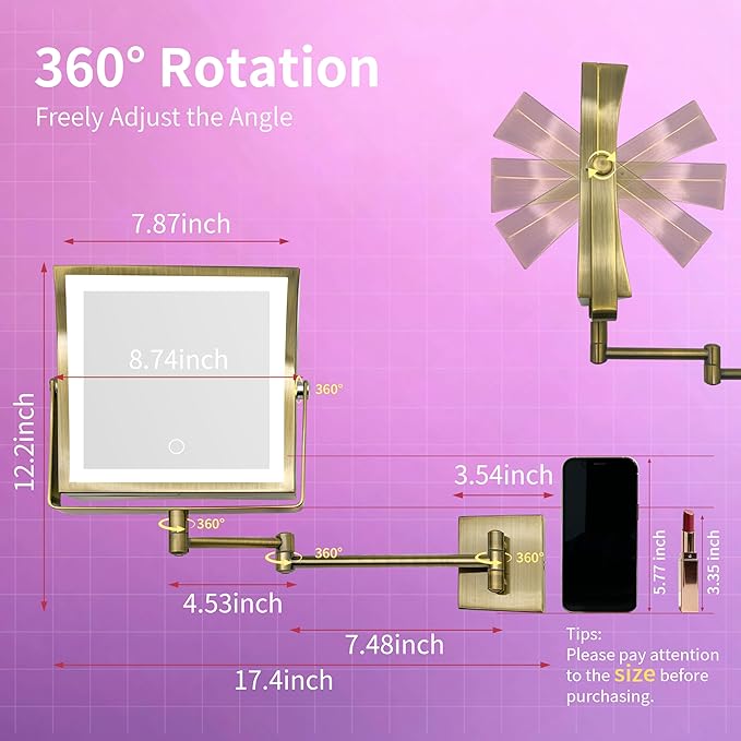 Wall Mounted Lighted Makeup Mirror, Rechargeable Double-Sided 1X/10X Magnifying Mirror with Light, Touch Dimmable 3 Color Lights, 360° Rotation Extendable Arm (Antique Brass)