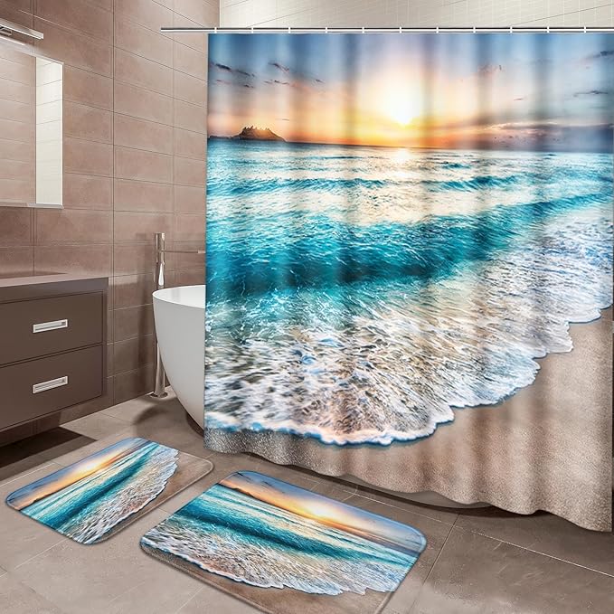 ArtSocket Beach Bathroom Set with Shower Curtain and Rugs and Accessories, Sunrise Over Sea Shower Curtain Set, Sunset Ocean Bathroom Decor 3 Pcs