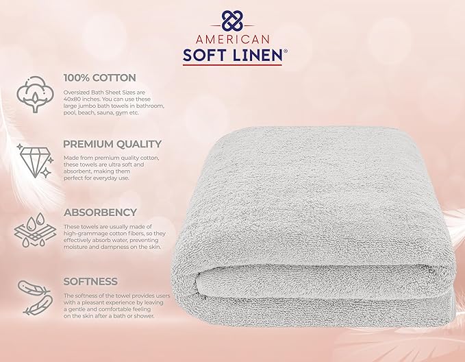 American Soft Linen 100% Cotton 600 GSM Turkish 40x80 Oversized Bath Towel Sheet, Extra Large Adult Towels for Bathroom, Silver Gray Bath Sheet