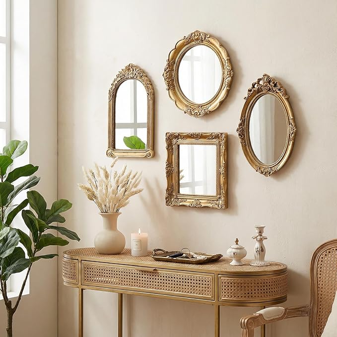 Small Gold Vintage Mirror for Desktop, 10" x 7" Antique Tabletop Vanity Mirror with Stand, Ornate Embossed Decorative Makeup Mirror for Dresser, Bedroom Aesthetic Room Decor