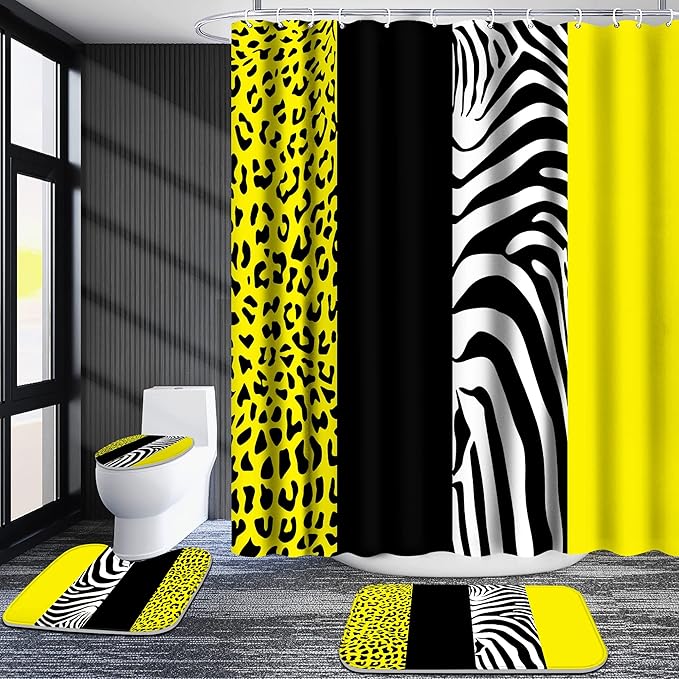 Poedist 4 Pcs Bathroom Shower Curtain Set, Yellow Print Bright Style Shower Curtain Sets with Rugs (Bath Mat, U Shape and Toilet Lid Cover Mat) and 12 Hooks