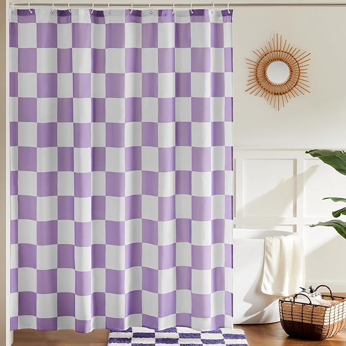 Checkered Shower Curtain, Lavender Purple Shower Curtains for Bathroom, Cute Retro Checkboard Shower Curtain Vintage Aesthetic, Washable Fabric Bath Curtain 72''x72''