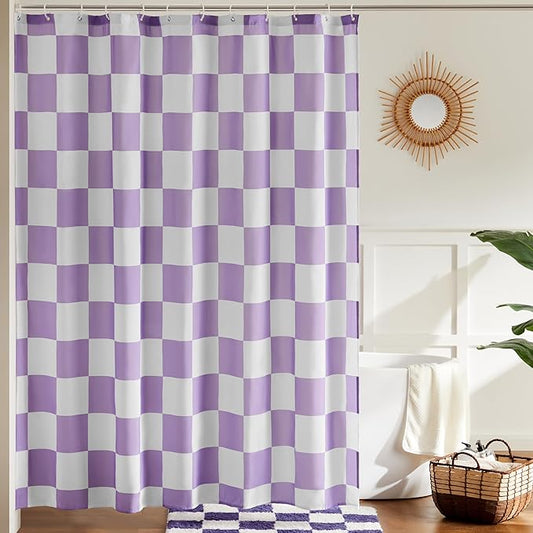Checkered Shower Curtain, Lavender Purple Shower Curtains for Bathroom, Cute Retro Checkboard Shower Curtain Vintage Aesthetic, Washable Fabric Bath Curtain 72''x72''
