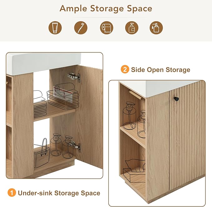 Virubi 21.6" Small Fluted Bathroom Vanity with Sink,Soft Closing Doors and Storage Shelves,Natural Wood Single Bathroom Sink Cabinet Combo Freestanding, Natural Wood