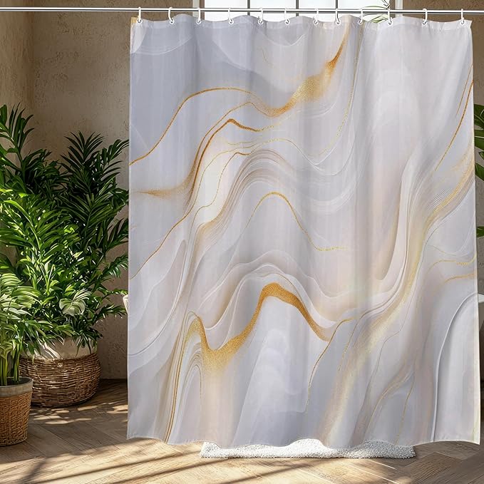 Marble Shower Curtain Abstract Elegant Golden White Wavy Textures,Luxury Soft Color Fabric Shower Curtains for Bathroom Decor 72x72 Inch