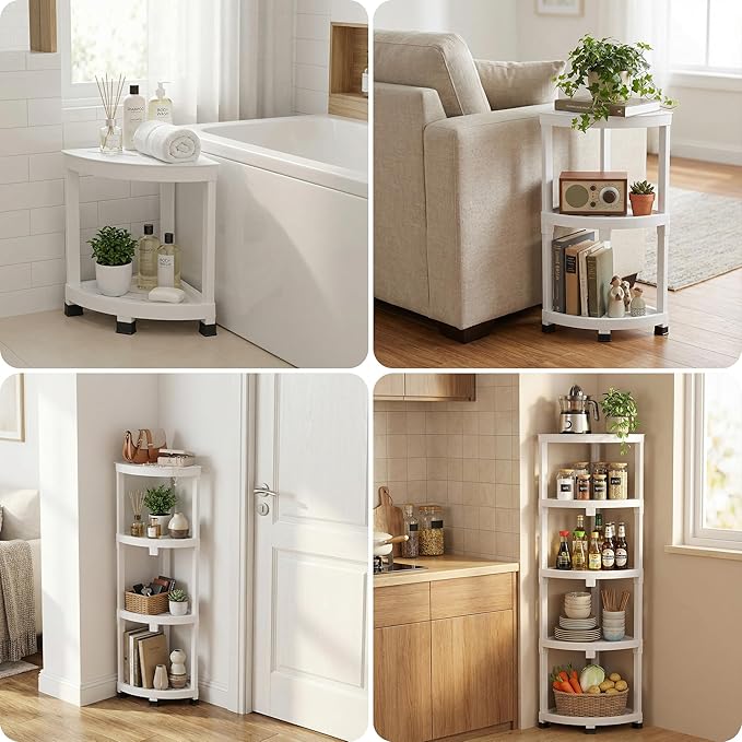 GallopFun Corner Shower Stool for Inside Shower, Waterproof Shower Bench for Shaving Legs, Plastic Anti-Fracture Shower Seat/Foot Rest with Baffle Storage Shelf, Rapid Assembly DIY Shelf (White)