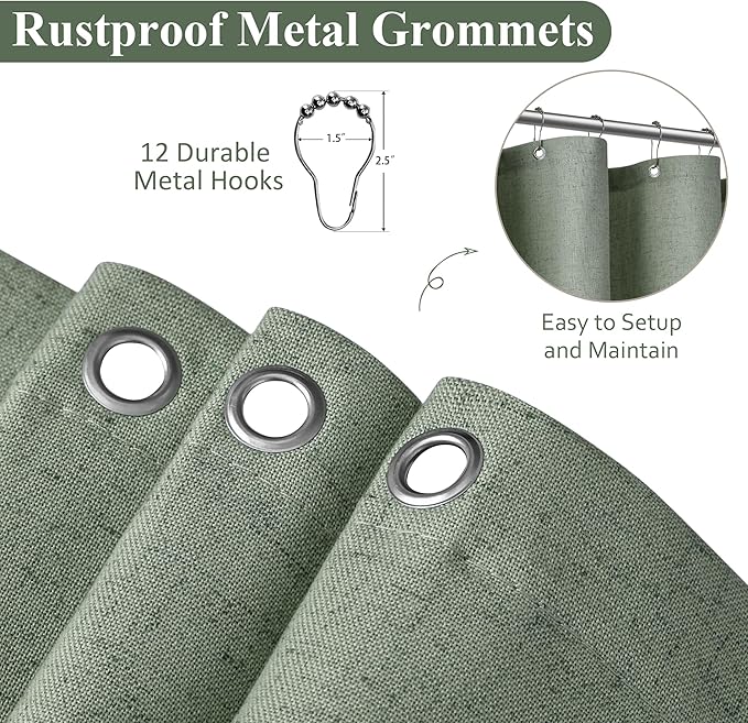 Naturoom Light Sage 60 Inch Shower Curtain - Stall Narrow Half Linen Ultra Thick Fabric Shower Curtain Set with Hooks, Boho Farmhouse Rustic RV Camper Bath Curtains for Bathroom, 60x72