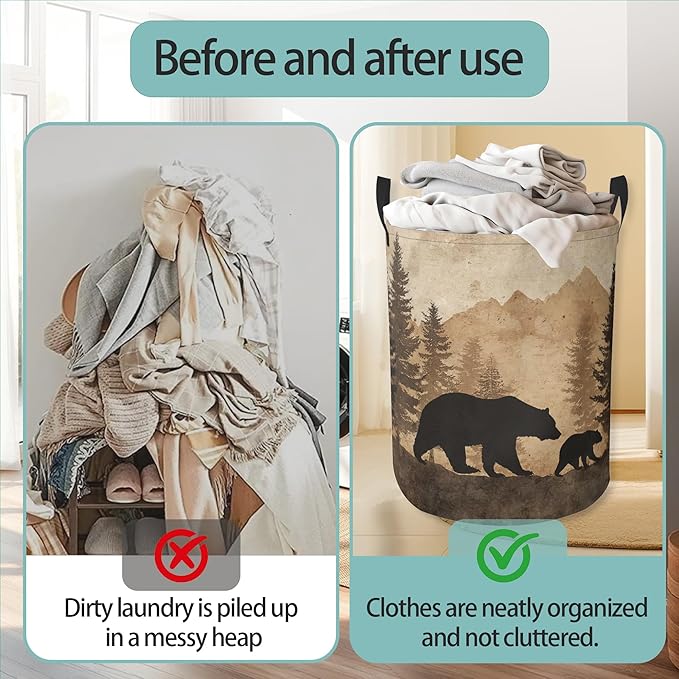 Vintage Forest Bear Round Laundry Hamper Storage Basket Toys Clothes Organizer Bin For Home Bathroom Bedroom Dorm Nursery