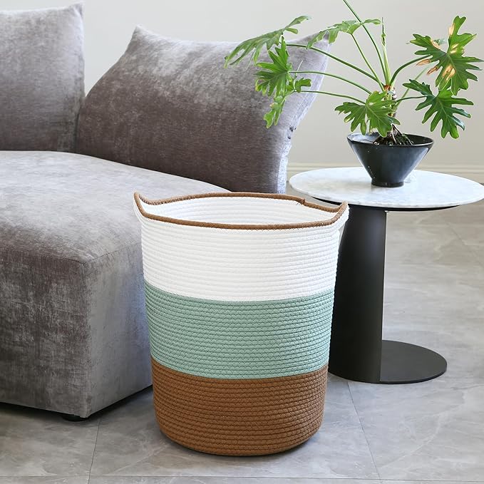 Sea Team Large Size Cotton Rope Woven Storage Basket with Handles, Laundry Hamper, Fabric Bucket, Drum, Clothes Toys Organizer for Kid's Room, 20 x 14 inches, Round Open Design, Green & Brown