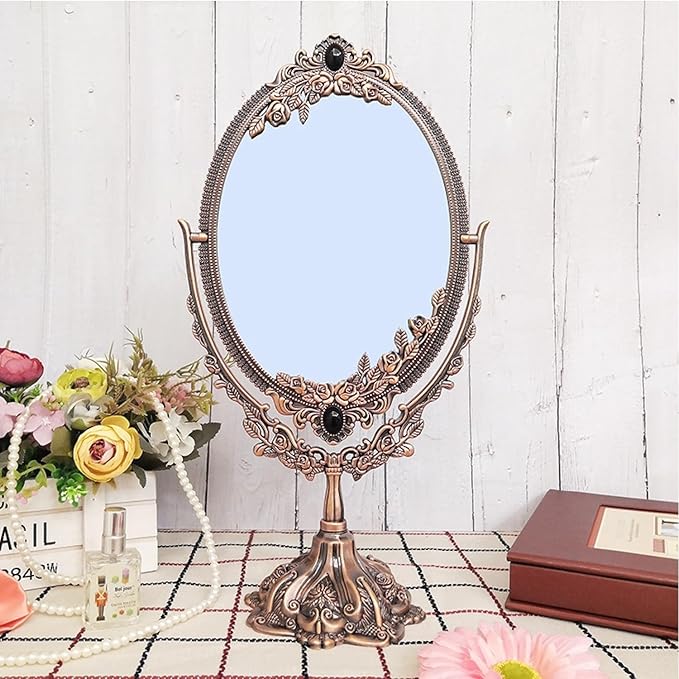 Guppy 15 inch Metal Vintage Makeup Mirror, Tabletop Oval Cosmetic Mirror, Vintage Swivel Double Sided Cosmetic Mirror with Embossed Frame Stand Base, Retro Mirror for Dresser Gift-Silver