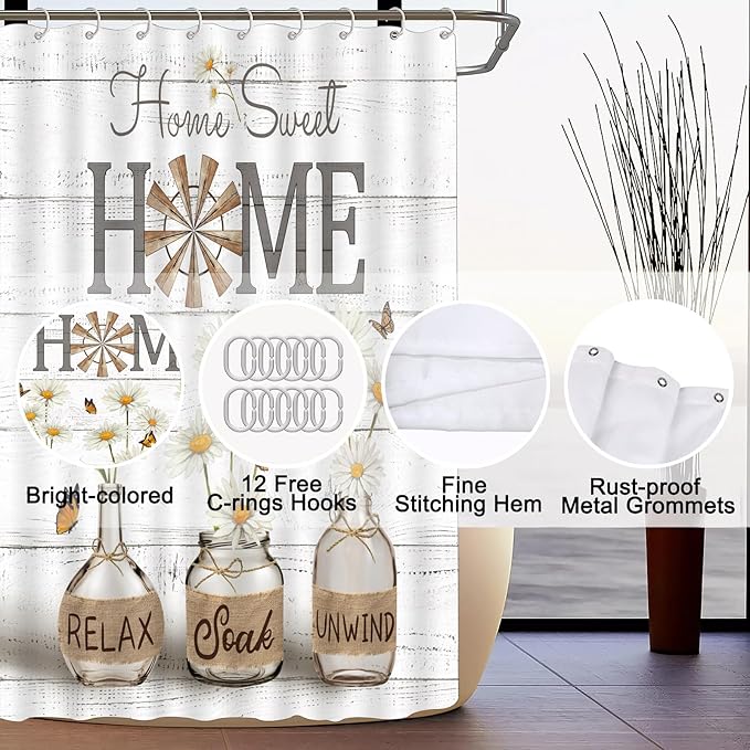 ALEXEX 4 PCS White Daisy Shower Curtain Sets,Home Sweet Bathroom Set with Shower Curtain and Rugs and Accessories,Farmhouse Country Shower Curtain Bathroom Decor with 12 Hooks,72 X 72 Inches