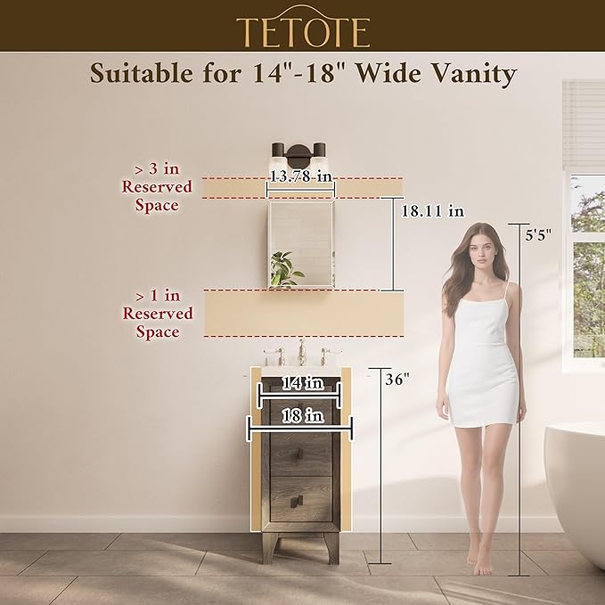 TETOTE 14 x 18 Medicine Cabinet with Tempered Beveled Mirror White Bathroom Mirror with Storage Aluminum Cabinet DTC Hinges, Stepless Adjustable Shelves, Recessed/Surface-Mounted