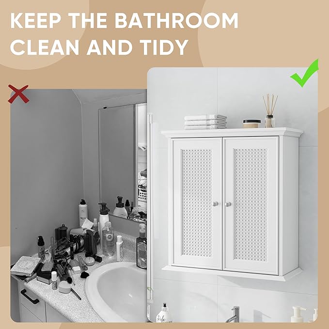 Smuxee White Bathroom Medicine Cabinet, Wall Mounted with Rattan Doors, 22.1" W x 23.6" H x 8.6" D, Adjustable Shelves, Wall Cabinet Over Toilet for Laundry Room Kitchen