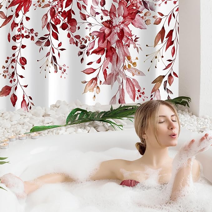 Gibelle Burgundy Red Eucalyptus Shower Curtain, Watercolor Plant Leaves with Floral Bathroom Shower Curtain Set, 72x72