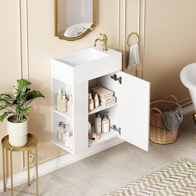 Virubi 18.5" Floating Bathroom Vanity with Sink, Soft Closing Doors, Wood Modern Single Small Bathroom Vanity Cabinet with Open Shelf, Wall Mounted (White, Left Shelves)