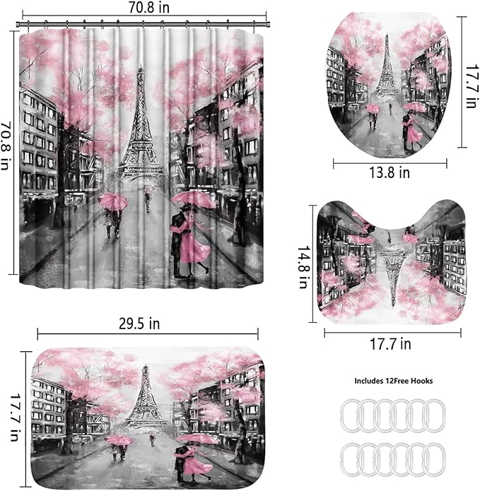 Chrainy 4Pcs Paris Eiffel Tower Pink Shower Curtain Sets Bathroom Set Decor with Non-Slip Rugs Bath U-Shaped Mat Toilet Lid Cover Waterproof Valentine Bathroom Curtains Shower Set with 12 Hooks