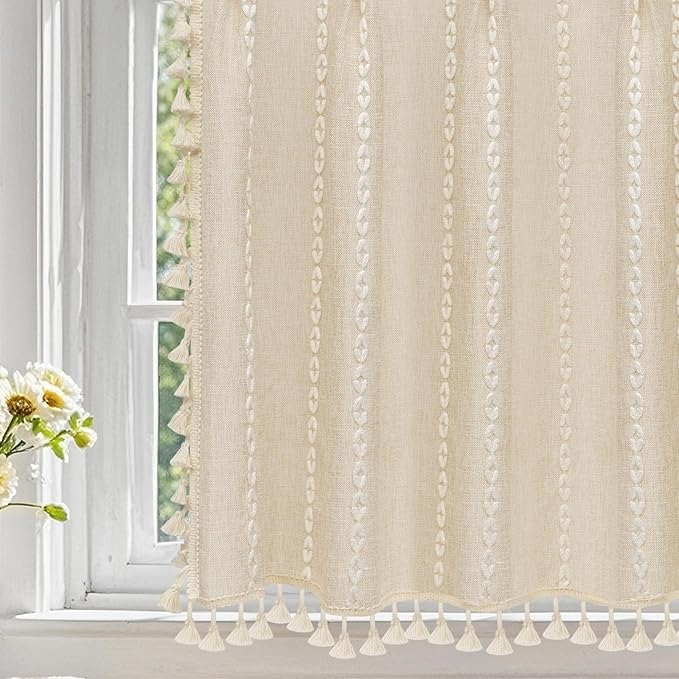 Beige Boho Farmhouse Window Curtain with Tassels, 30 x 36 Inch Light Filtering Sheer Short Cafe Window Curtain Tier, Linen Textured Pleated Small Window Drape for Kitchen or Bathroom, 1 Panel