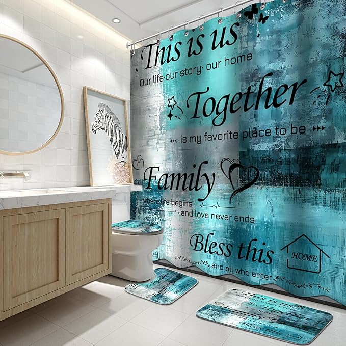 Lnond 4Pcs Bathroom Shower Curtain Sets with Rugs, Turquoise Motivational Home Family Bathroom Sets with Shower Curtain and Rugs and Accessories