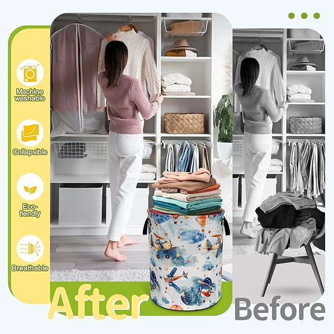 Airplane Laundry Basket Hot Air Balloon Clouds Foldable Waterproof Oxford Cloth Funny Tote Bag Laundry Hamper Clothes Storage Bucket Toy Organizer For Bathroom/Laundry Storage/Bedroom 18.9x16.5 Inch