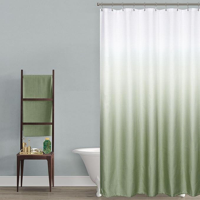 Mrs.Naturall Sage Green Shower Curtain,Ombre Fabric Spring Boho Shower Curtains for Bathroom Decor,Set with Hooks,Light Green and White,72 inch