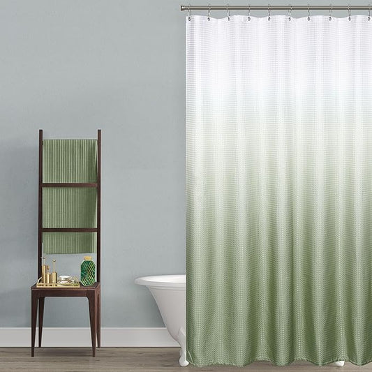 Mrs.Naturall Sage Green Shower Curtain,Ombre Fabric Spring Boho Shower Curtains for Bathroom Decor,Set with Hooks,Light Green and White,72 inch