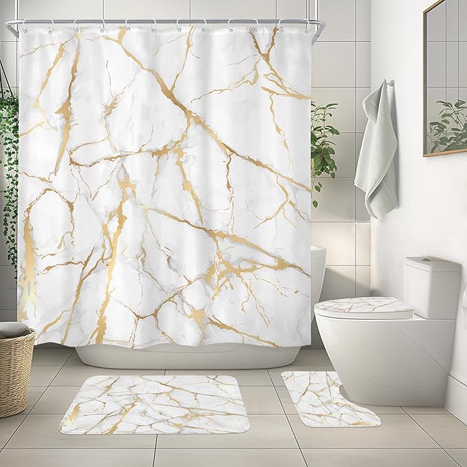 Newsely 4Pcs White and Gold Marble Shower Curtain Set With Non-Slip Rugs, Toilet Lid Cover and Bath Mat, Abstract Modern Crack Line Shower Curtain With 12 Hooks, Luxury Bath Curtain for Bathroom Decor