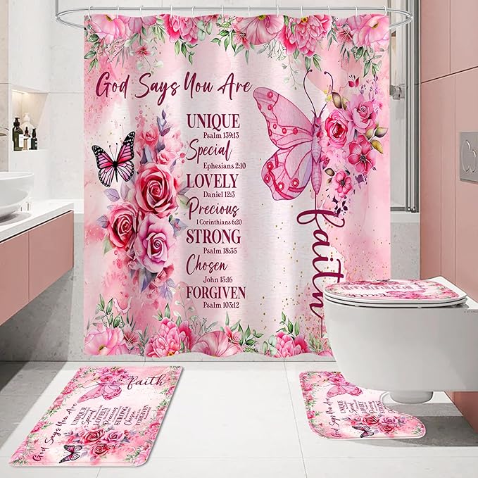 Litabel 4 Pcs Pink Butterfly Inspirational Quotes Shower Curtain Set with Rugs and Toilet Lid Cover, Colorful Boho Waterproof Fabric Bathroom Set, Bible Verse Floral Bathroom Decor Set Accessories