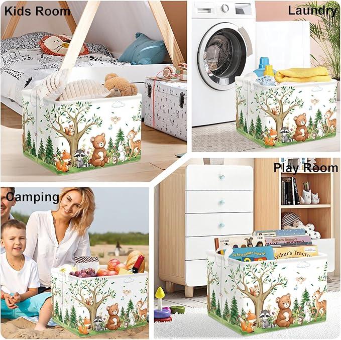Forest Animals Laundry Hamper Woodland Tree Large Storage Basket Parents Organizer Kids Clothes Toy Bins for Bedroom, Bathroom, Bear, 36L