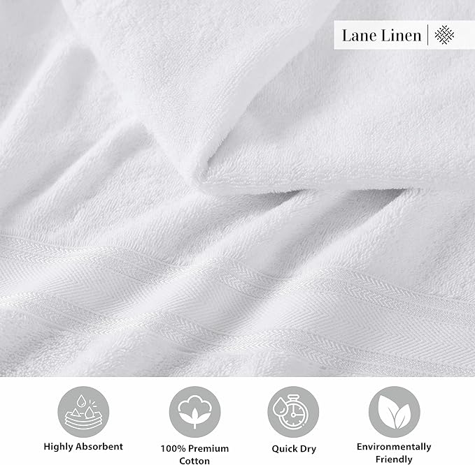 LANE LINEN 100% Cotton White Bath Towels - Quick Dry Absorbent Gym & Bath Towel Set, 6 (24" x 48"), Zero Twist