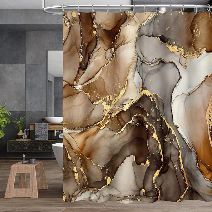 4PCS Brown Marble Bathroom Sets with Shower Curtain and Rugs, Abstract Gold Shower Curtain Sets with Rugs for Bathroom Decor, Bathroom Curtains Shower Set with Toilet Lid Cover Accessories