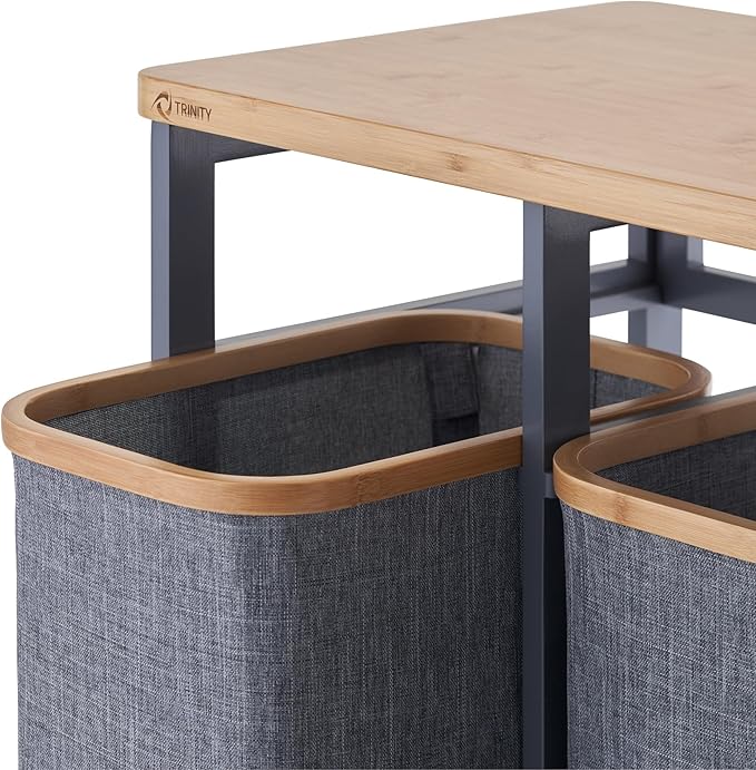TRINITY EcoStorage Bamboo Wood Laundry Organizer Station with Folding Shelf and 2 Pull-Out Removeable Hamper Bags, Dark Gray