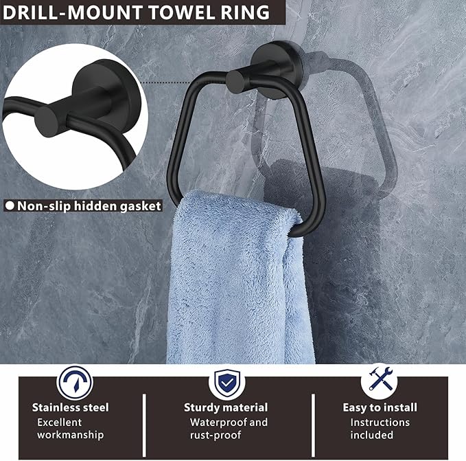 Bath Towel Ring, Bathroom Hardware Towel Holder, Matte Black Towel Ring for Bathroom, Modern Trapezoid Wall Mounted Towel Hanger, 304 Stainless Steel (Black)