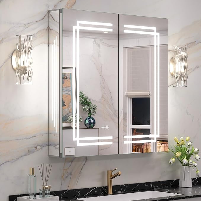 Keonjinn 30 x 32 Inch Lighted Medicine Cabinet with Lights, LED Medicine Cabinet Mirror for Bathroom, Tempered Glass, Adjustable Shelves, No Outlets, 3 Color Temperature, Anti-Fog, Surface Mount Only