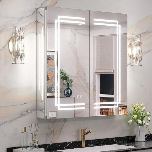 Keonjinn 30 x 32 Inch Lighted Medicine Cabinet with Lights, LED Medicine Cabinet Mirror for Bathroom, Tempered Glass, Adjustable Shelves, No Outlets, 3 Color Temperature, Anti-Fog, Surface Mount Only