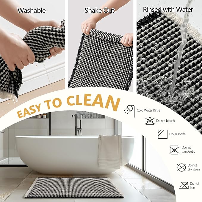 MIULEE Set of 2 Waffle Bathroom Rugs, Boho Bath Rugs Non Slip Washable, Super Absorbent Bath Mats, Ultra Soft Rubber Backed Shower Mats for Bathroom Floor, Tub, Black & Cream, 17"x24"+18"x30"