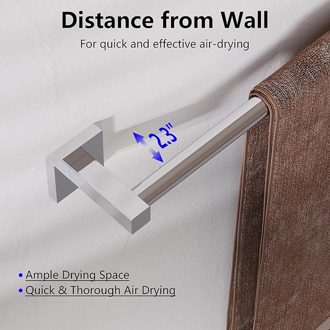 Towel Bar, Adjustable 12.7inch to 23.2inch Wall Mounted Towel Rack for Bathroom, Kitchen, SUS 304 Stainless Steel Towel Rod with Square Base (Chrome)