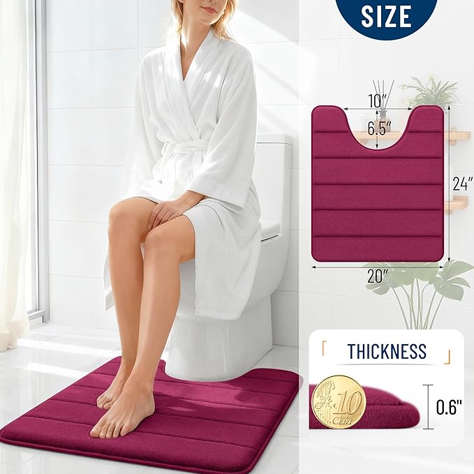OLANLY Memory Foam Toilet Rugs U Shaped 24x20, Super Soft Absorbent Contour Bath Rugs, Quick Dry, Machine Washable Toilet Mat, Bathmat Floor Carpet, Bathroom Home Decor Accessories, Burgundy
