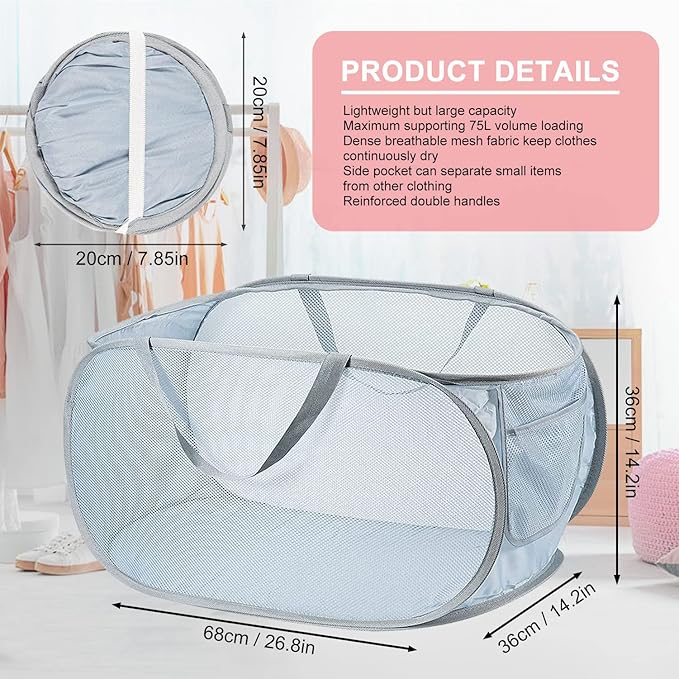 4 PCS Mesh Laundry Hamper,Collapsible Laundry Baskets,75L Large Foldable Dirty Clothes Hamper Storage Basket Horizontal with Side Pocket&carry Handle for Home,Travel grey