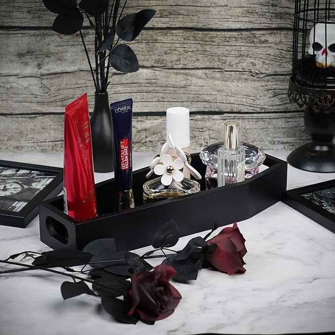 Gothic Coffin Storage Box Set 3 Pack - Spooky Dark Aesthetic Vanity Organizer, Wooden Makeup Jewelry Kit with Tray, Lipstick Holder & Jewelry Box