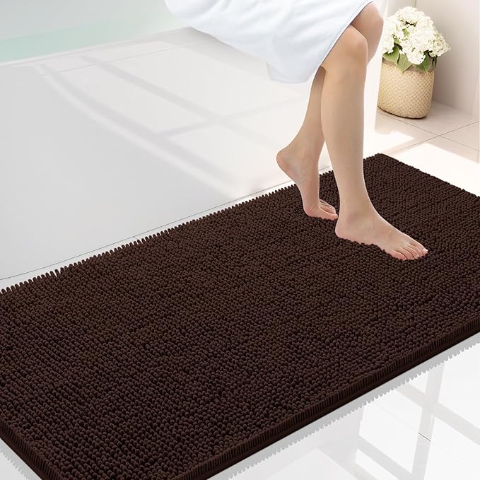 Smiry Luxury Chenille Bathroom Rugs 40x24, Extra Soft and Absorbent Shaggy Bath Mat, Machine Washable, Non-Slip Plush Carpet Runner for Tub, Shower, and Floor, Home Decor Accessories, Brown