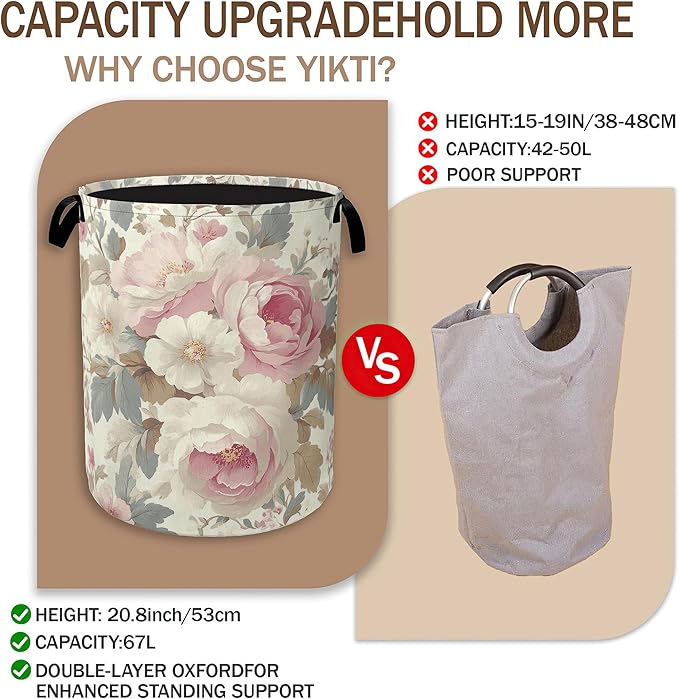 Vintage Flower Laundry Basket,Pink White Floral Clothes Hamper,Oxford Cloth Collapsible Nursery Hamper Storage Organization for Bedroom,Bathroom,Office,College Dorms,16x20 Inch