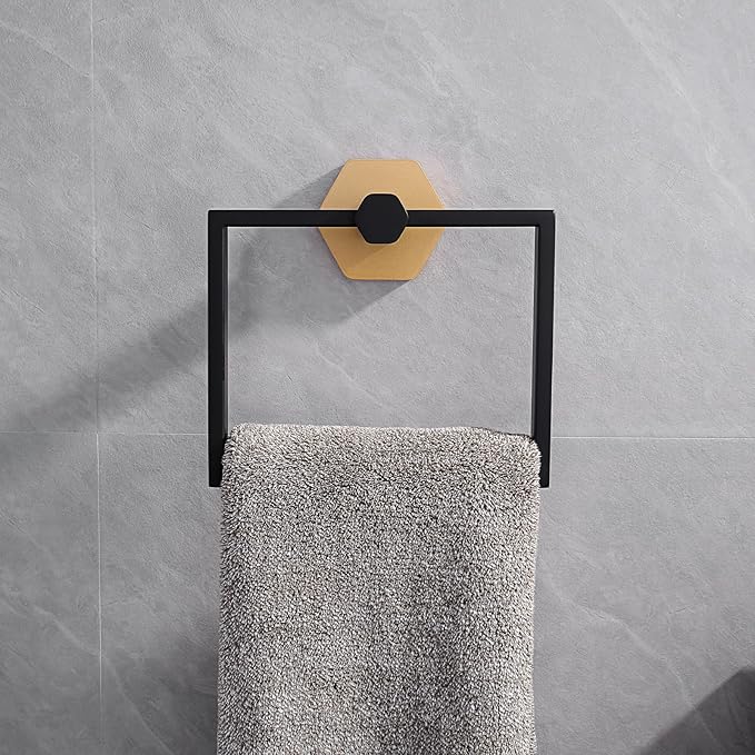 GERZWY Modern Towel Holder Stainless Steel Towel Ring for Bathroom Lavatory Wall Mount Contemporary Style (Black & Gold)