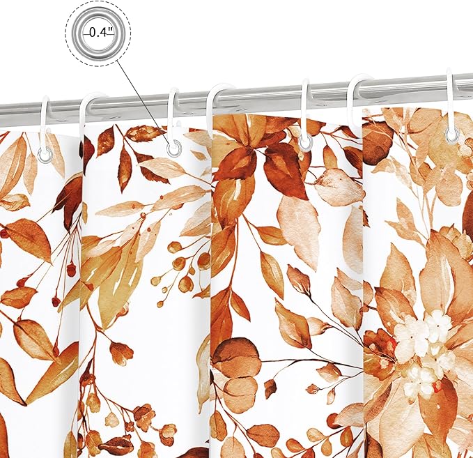 Gibelle Extra Long Shower Curtain 72 x 84, Orange Floral Shower Curtain for Bathroom, Fall Watercolor Plant Eucalyptus Leaves Fabric Shower Curtain Set
