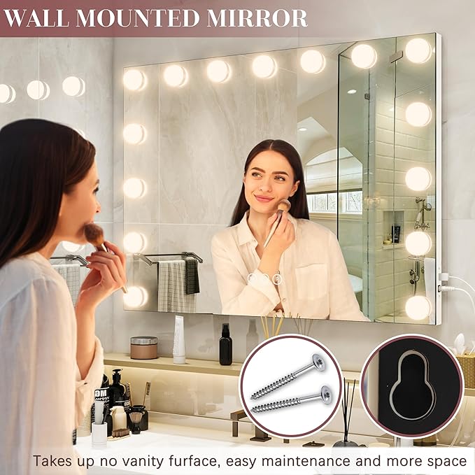 ROLOVE 32"x24" Hollywood Vanity Mirror with Lights, 18 Dimmable LED Bulbs, 3 Color Modes, 10X Magnification, USB Charging Port, Tabletop or Wall-Mounted
