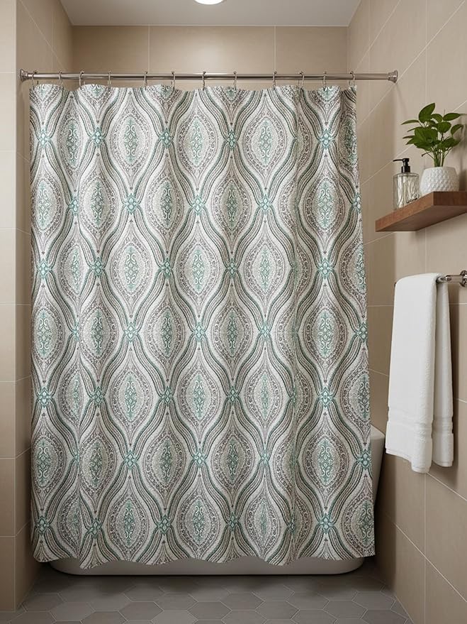Serafina Home Hotel Quality Fabric Bathroom Shower Curtain: Modern Damask Paisley - Beige, Green and Taupe (72 x 70 inches)