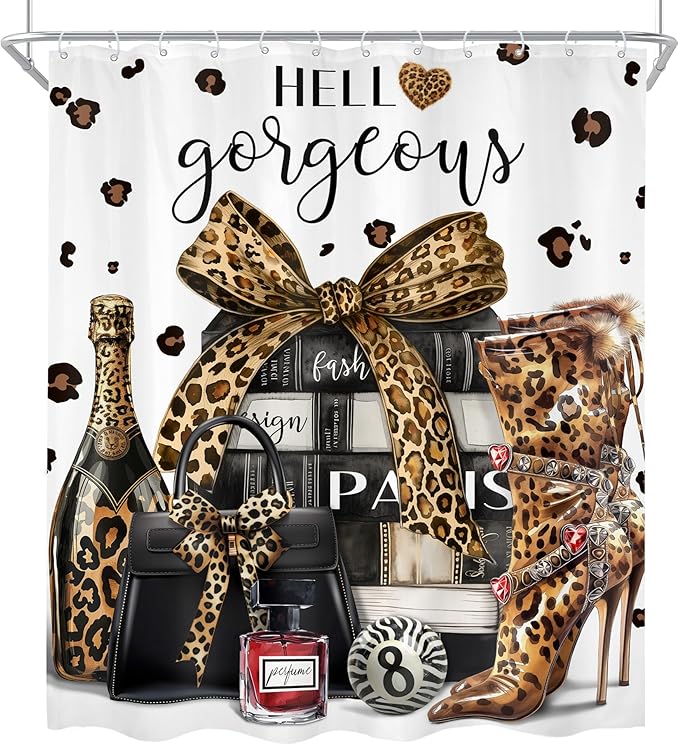 Cinbloo 4Pcs Brown Leopard Shower Curtain Set, Cheetah Bathroom Curtain with Rug, Toilet Lid Cover, Bath Mat, Fashion Luxury Magazine Books Perfume High Heels Girly Shower Curtain with 12 Hooks