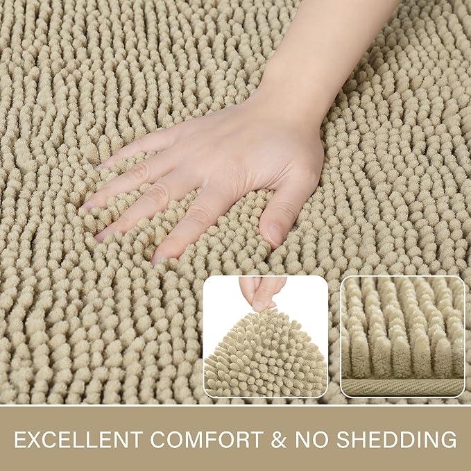 LOCHAS Luxury Bathroom Rug Shaggy Bath Mat 20 x 30 Inch, Washable Non Slip Bath Rugs for Bathroom Shower, Soft Plush Chenille Absorbent Carpets Mats, Beige