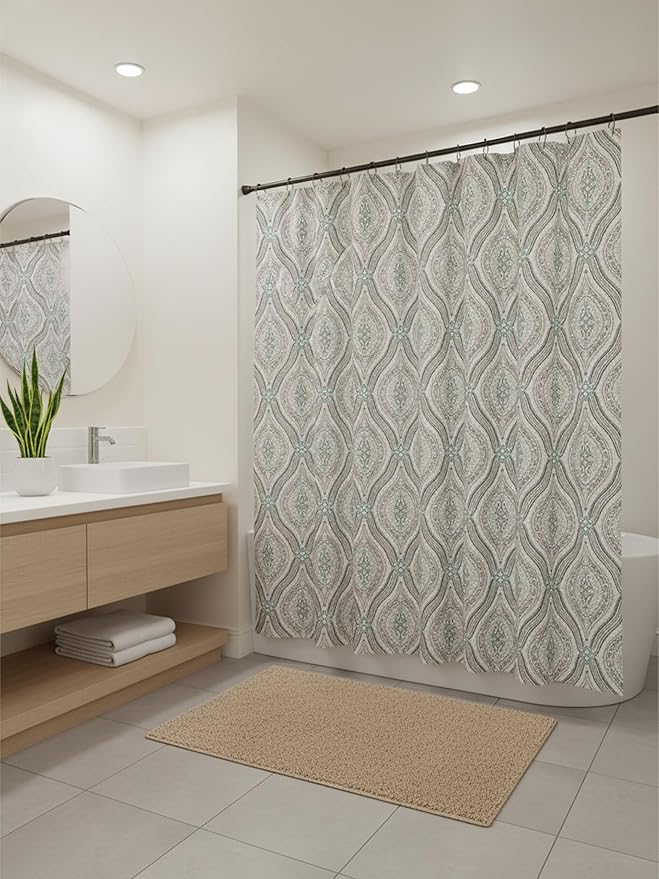 Serafina Home Hotel Quality Fabric Bathroom Shower Curtain: Modern Damask Paisley - Beige, Green and Taupe (72 x 70 inches)
