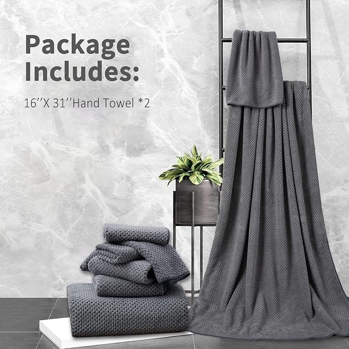 Grey Hand Towels Set 2 Pack-16“x31”,Ultra Soft Microfibers Bathroom Towel Set Highly Absorbent Quick Dry Luxury Premium Towel Lightweight Durable Hand Towel Collection for Hotel Spa Gym Kitchen